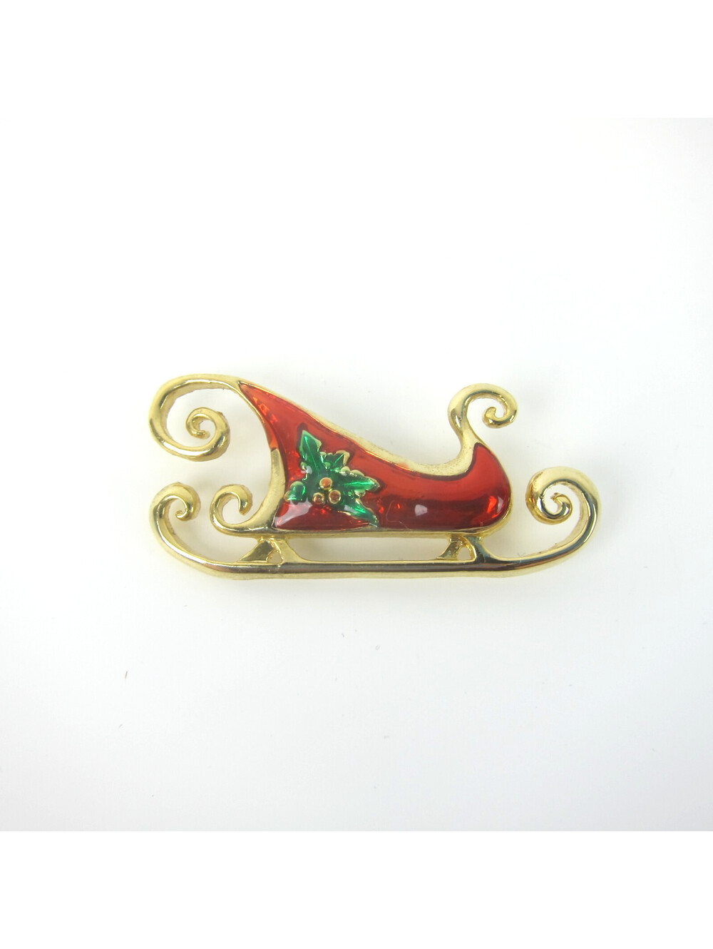 Vintage Christmas Pin Brooch Gold Tone Red Enamel Sleigh Sled Green Holly 2"